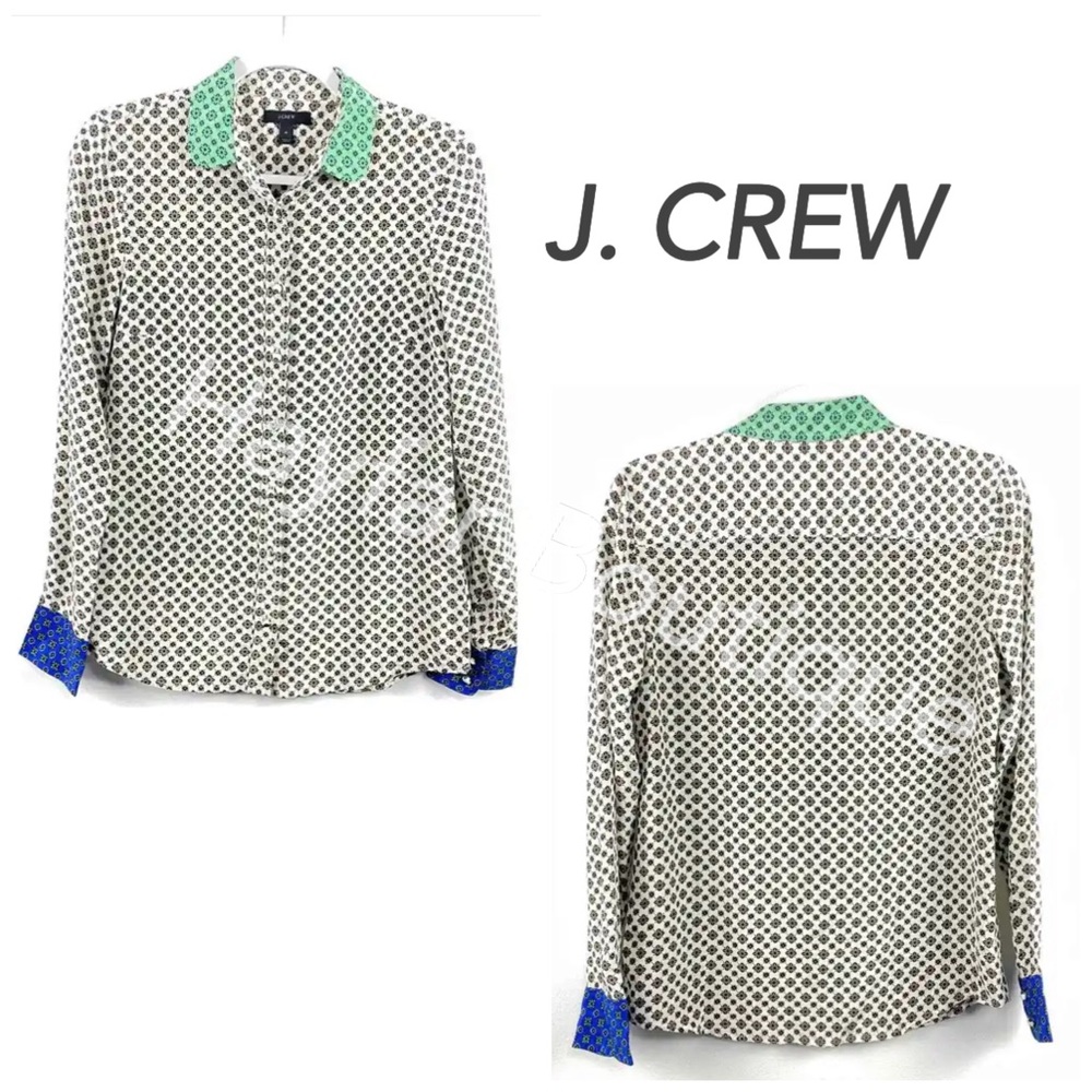 J. Crew 100% Silk Button Front
Blouse Whimsical Blue Green
Gold Size 8